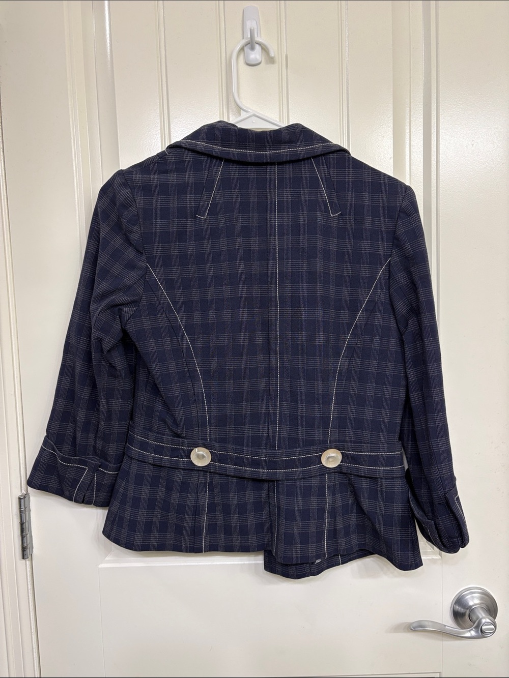 Tracy Reese Navy Plaid Tailored Blazer with Contrast Stitching - Picture 8 of 12